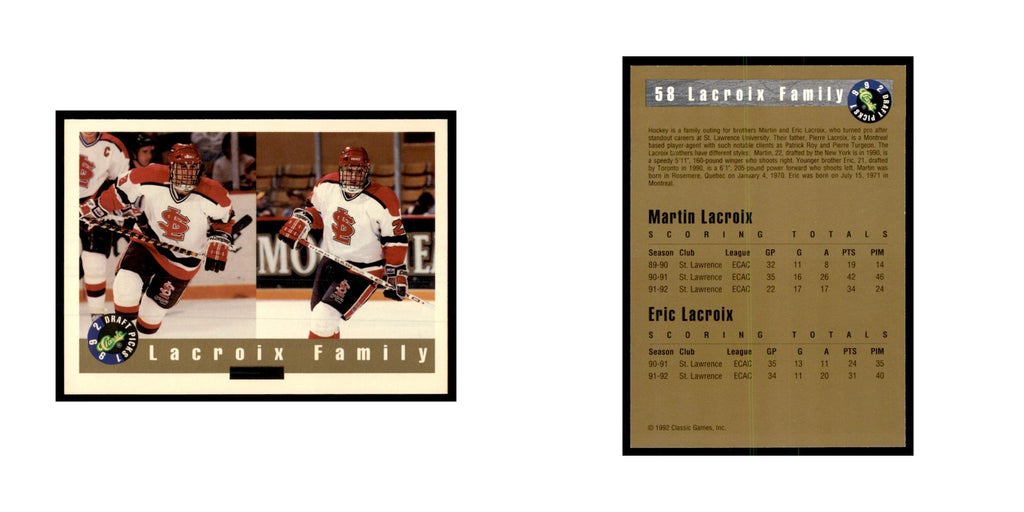 1992 Classic Draft Picks Lacroix Family Hockey Cards #58