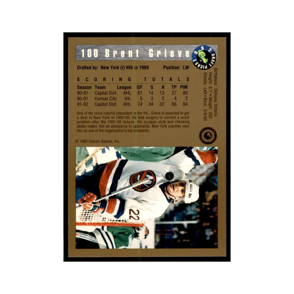 1992 Classic Draft Picks Brent Grieve Hockey Cards #100
