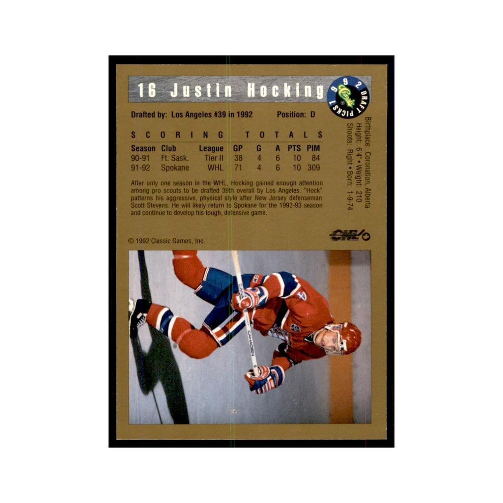 1992 Classic Draft Picks Justin Hocking Hockey Cards #16