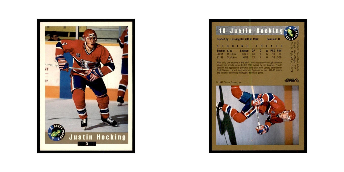 1992 Classic Draft Picks Justin Hocking Hockey Cards #16