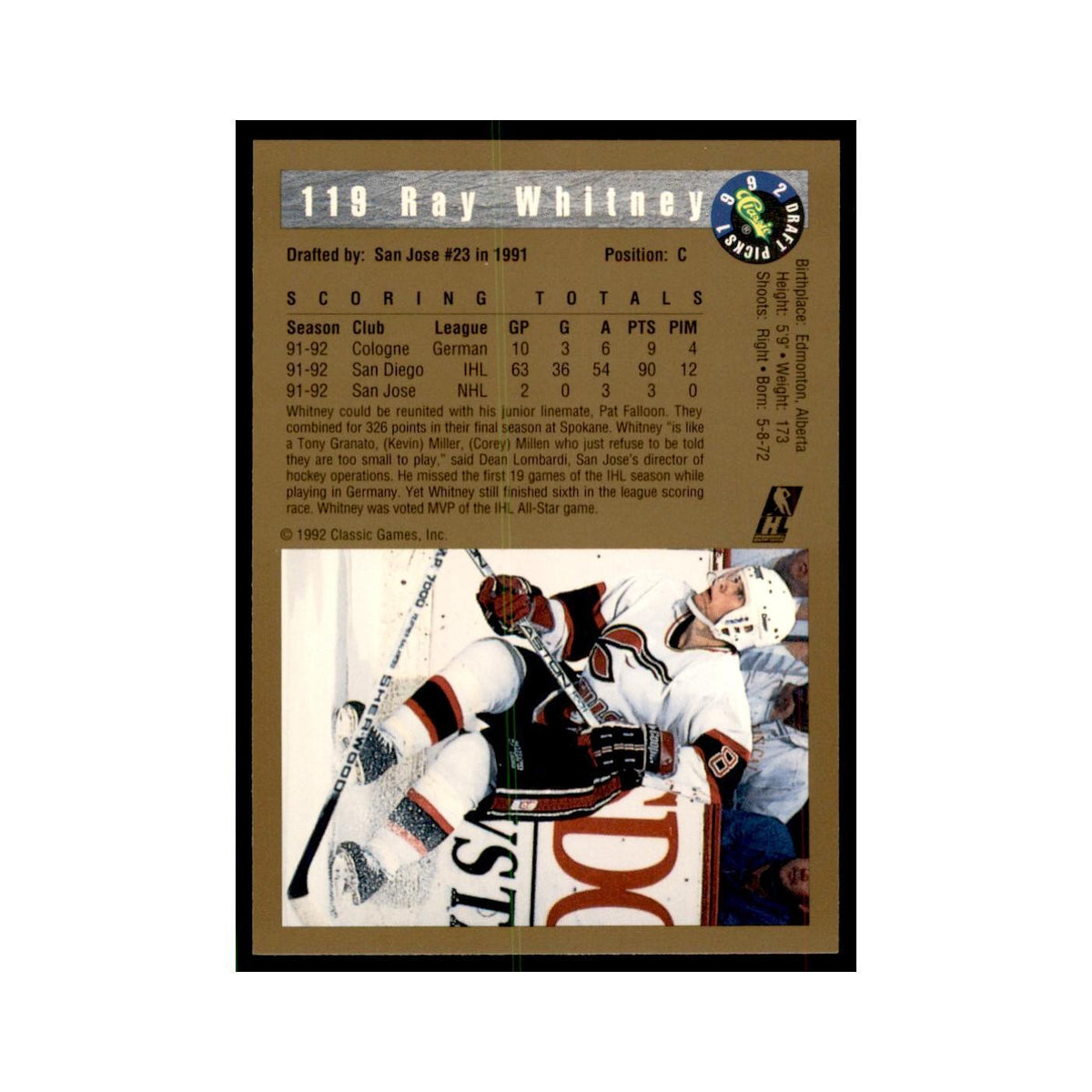 1992 Classic Draft Picks Ray Whitney Hockey Cards #119