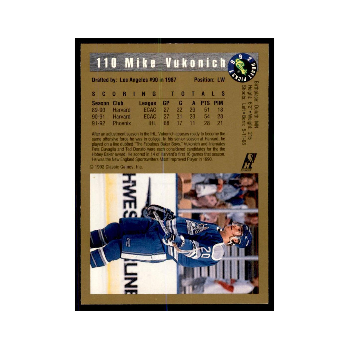 1992 Classic Draft Picks Mike Vukonich Hockey Cards #110