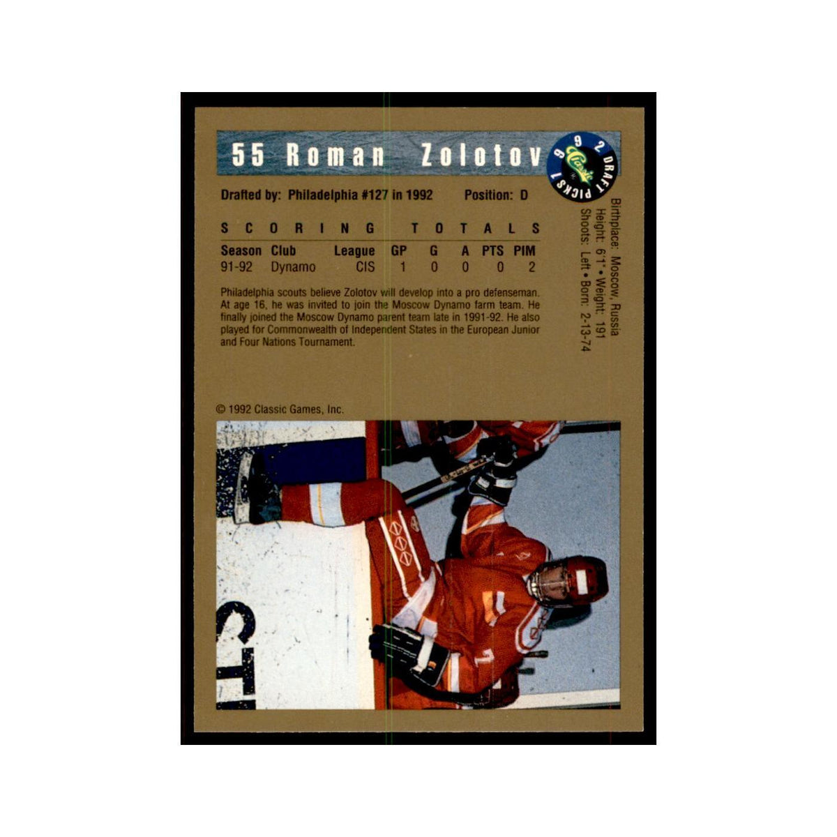 1992 Classic Draft Picks Roman Zolotov Hockey Cards #55
