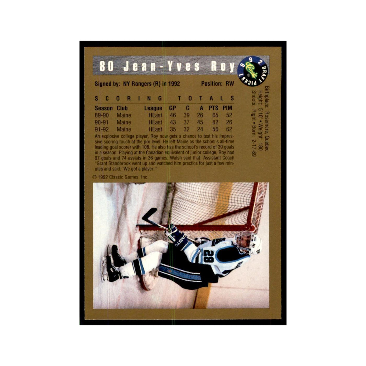 1992 Classic Draft Picks Jean-Yves Roy Hockey Cards #80