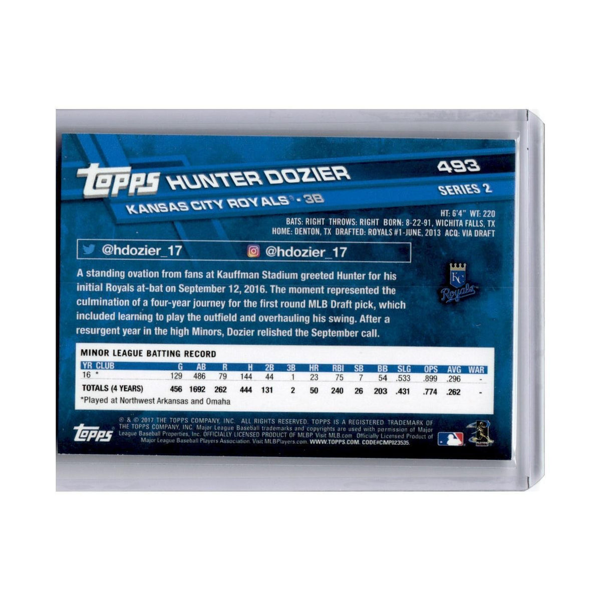 Hunter Dozier Rookie 2017 Topps #493 Kansas City Royals Baseball Card NM