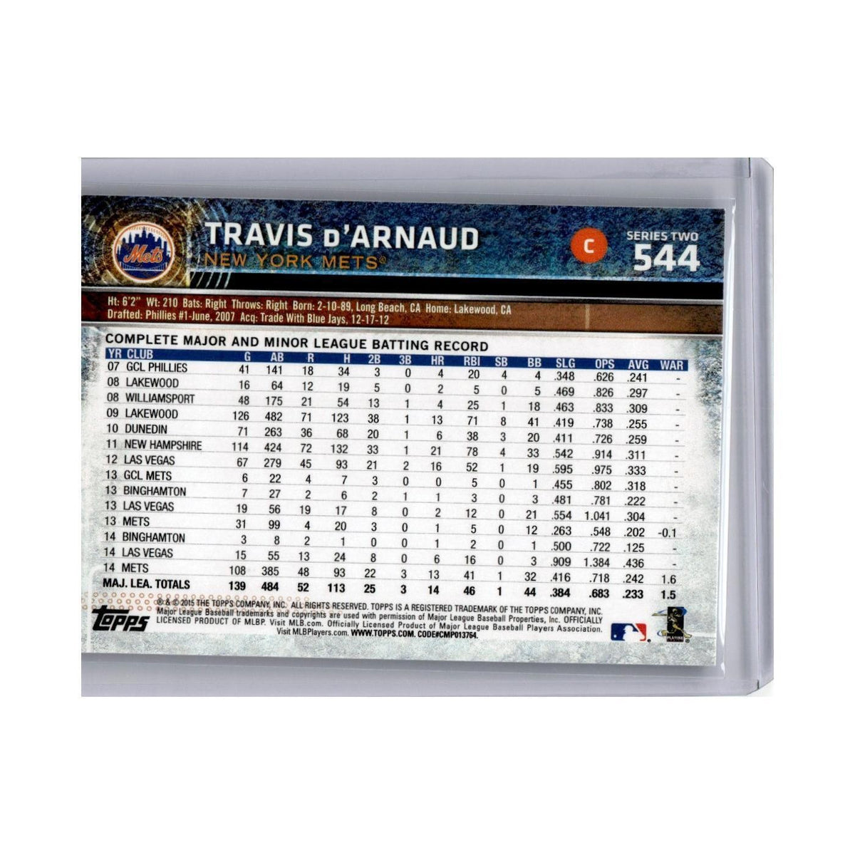 Travis d'Arnaud 2015 Topps #544 New York Mets Baseball Card NM