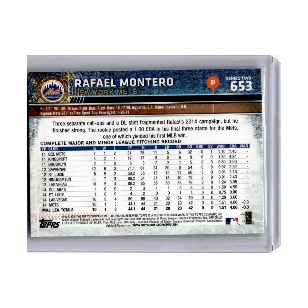 Rafael Montero 2015 Topps #653 New York Mets Baseball Card NM
