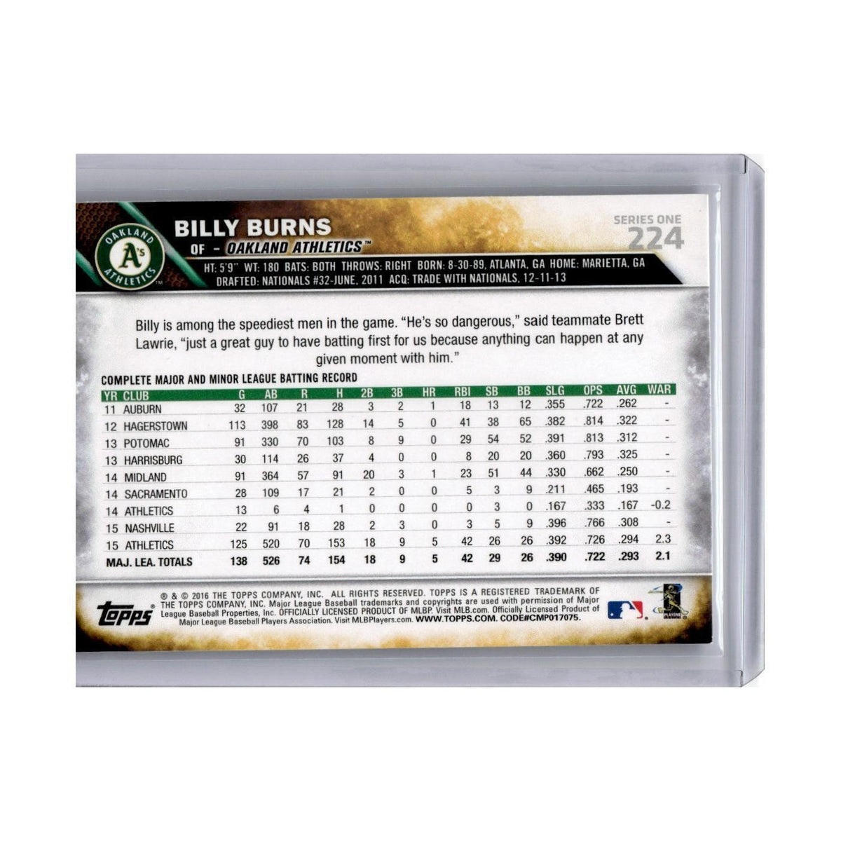 Billy Burns 2016 Topps #224 Oakland Athletics Baseball Card NM
