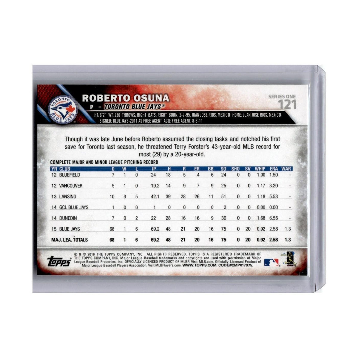 Roberto Osuna 2016 Topps #121 Toronto Blue Jays Baseball Card NM
