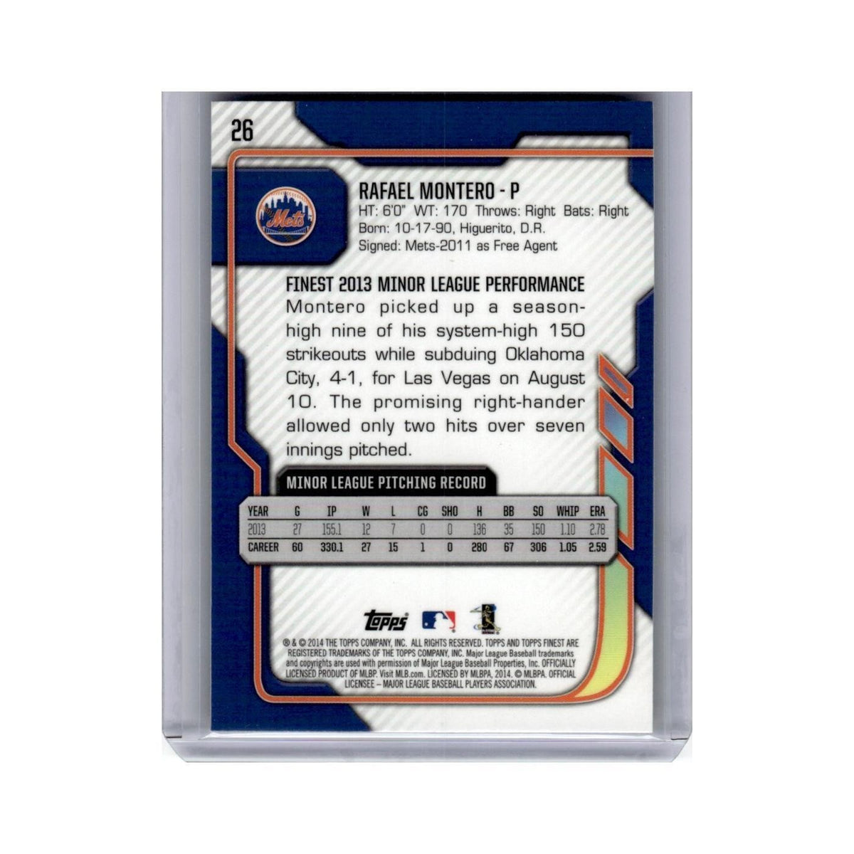 Rafael Montero Rookie 2014 Finest #26 New York Mets Baseball Card NM