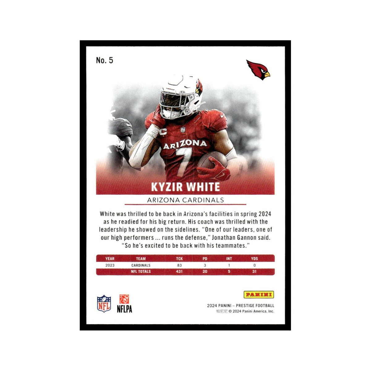 Kyzir White 2024 Panini Prestige #5 Arizona Cardinals Football Card NM