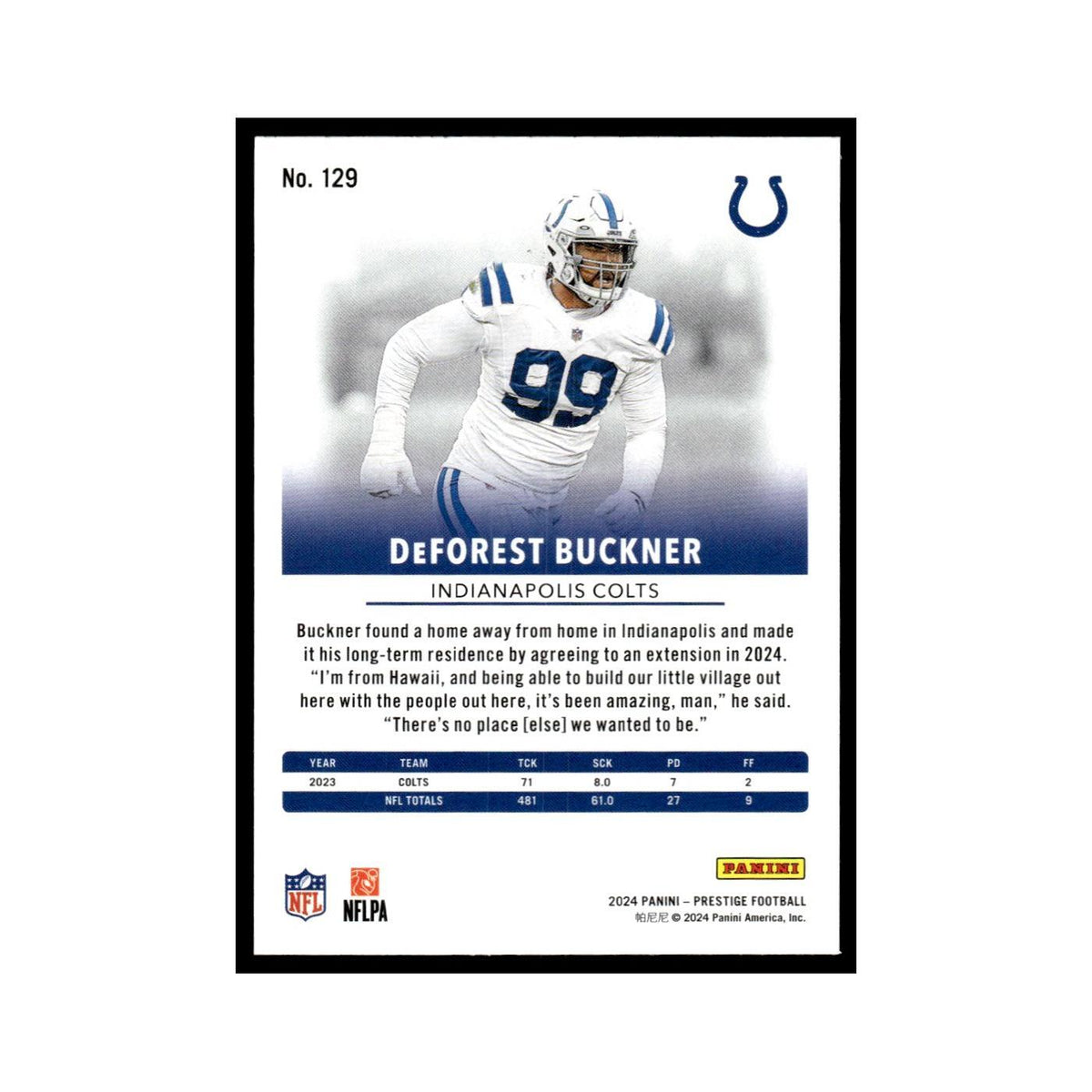 DeForest Buckner 2024 Panini Prestige #129 Indianapolis Colts Football Card NM