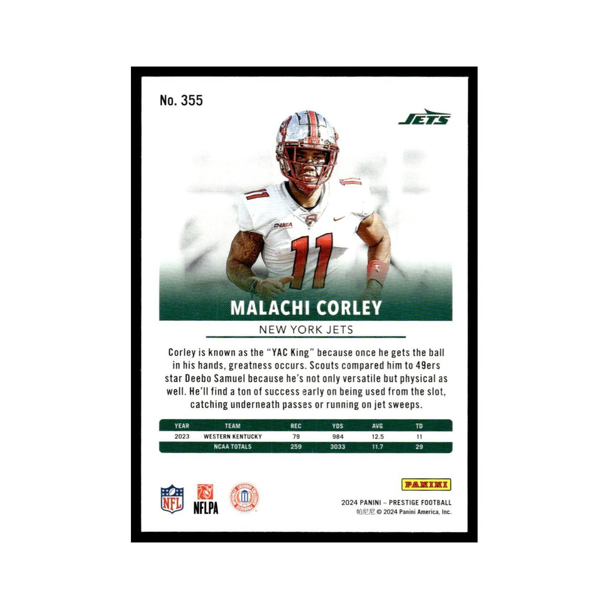 Malachi Corley 2024 Panini Prestige #355 New York Jets Football Card NM