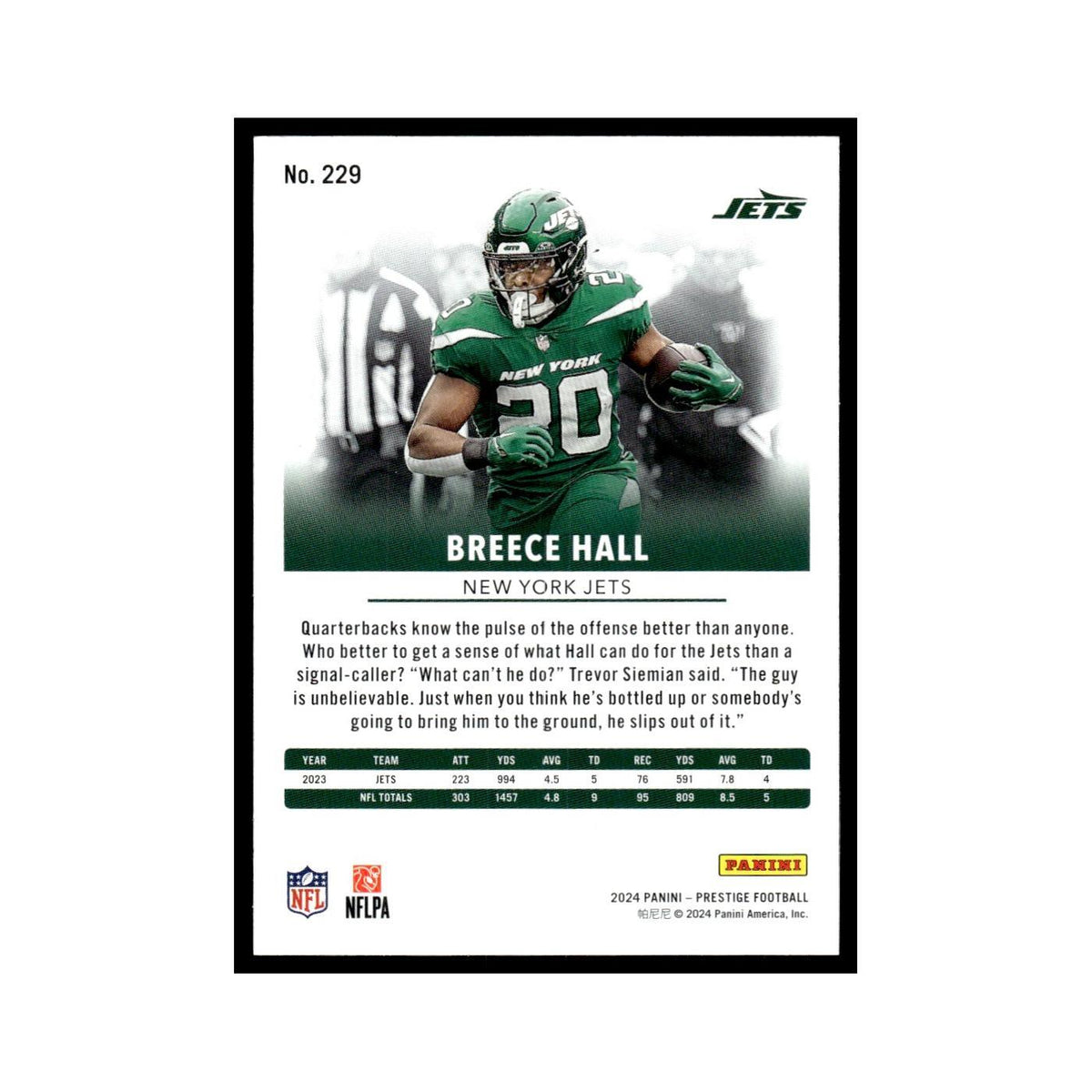 Breece Hall 2024 Panini Prestige #229 New York Jets Football Card NM