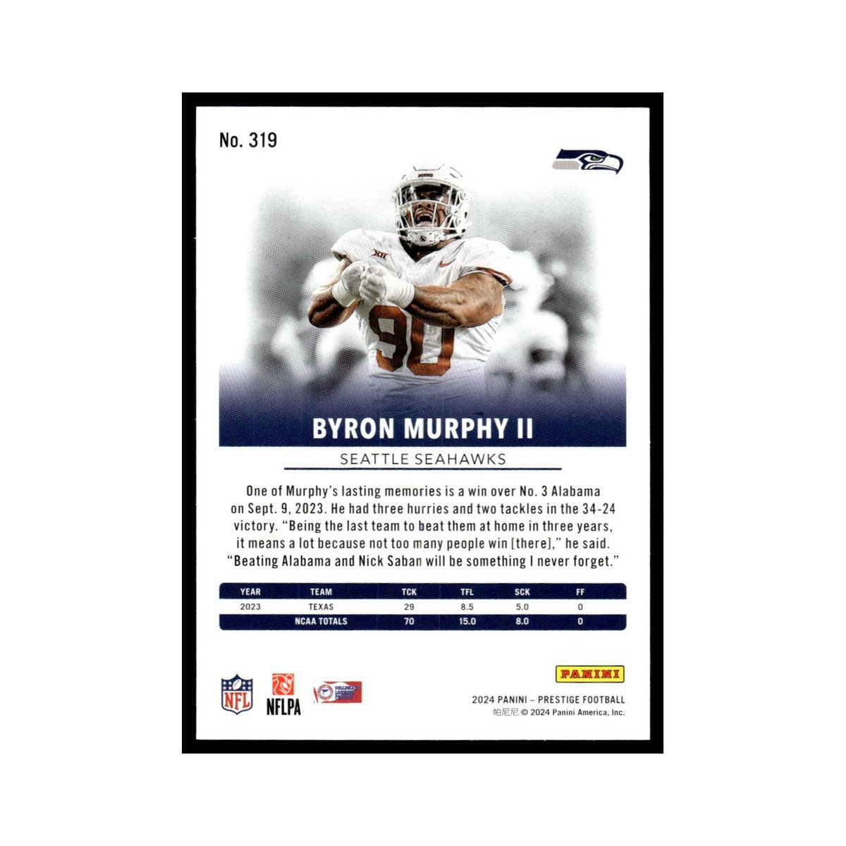 Byron Murphy II 2024 Panini Prestige #319 Seattle Seahawks Football Card NM