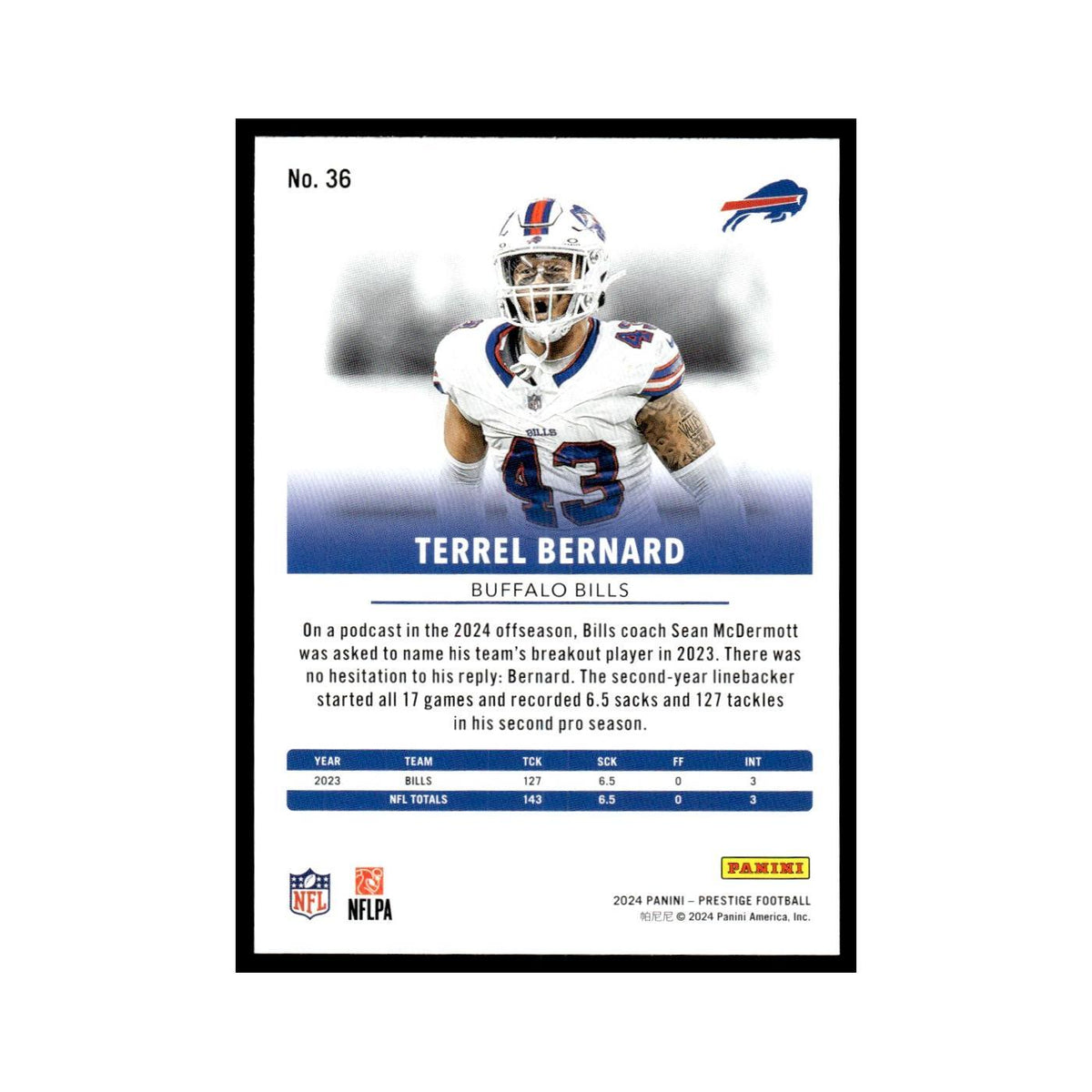 Terrel Bernard 2024 Panini Prestige #36 Buffalo Bills Football Card NM
