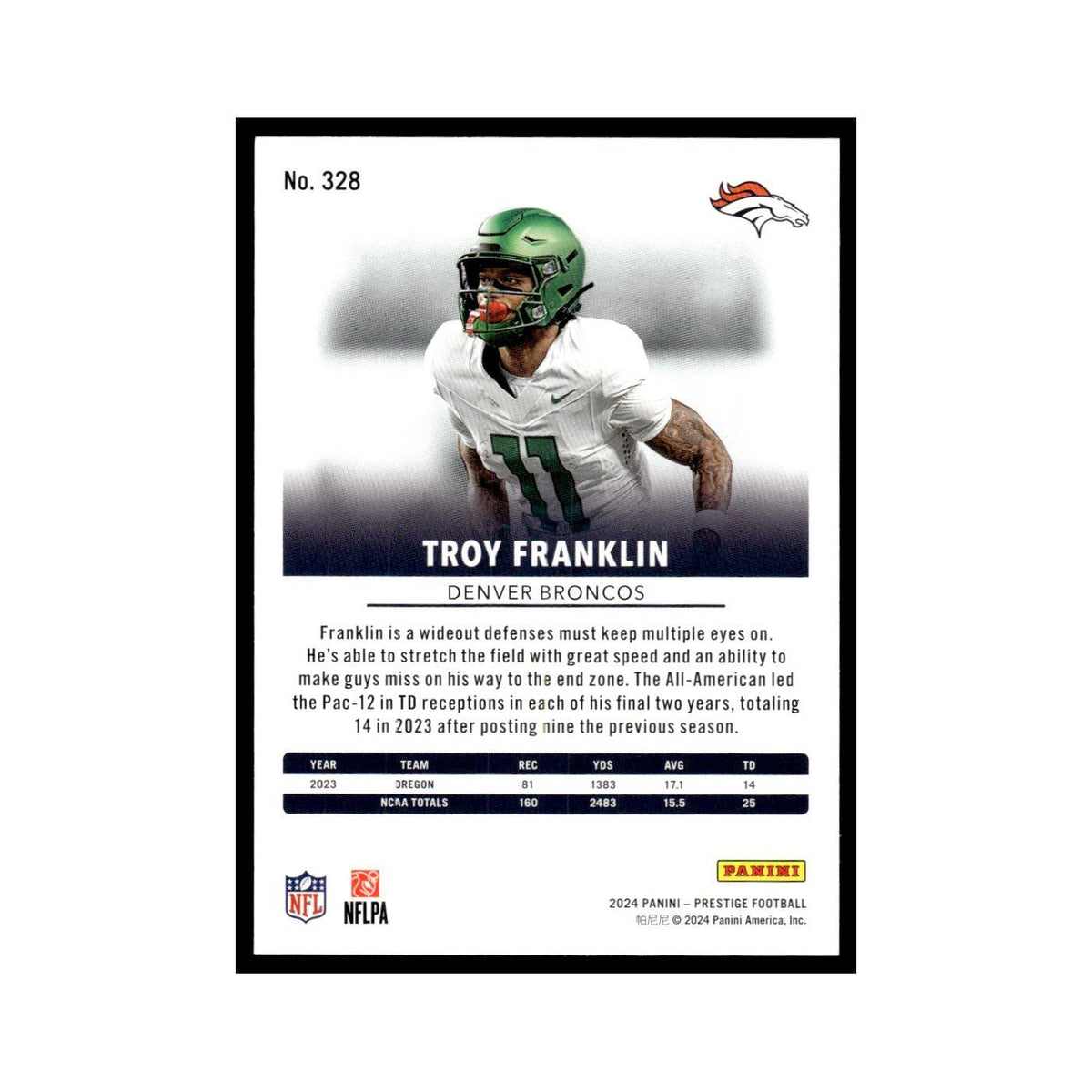 Troy Franklin 2024 Panini Prestige #328 Denver Broncos Football Card NM