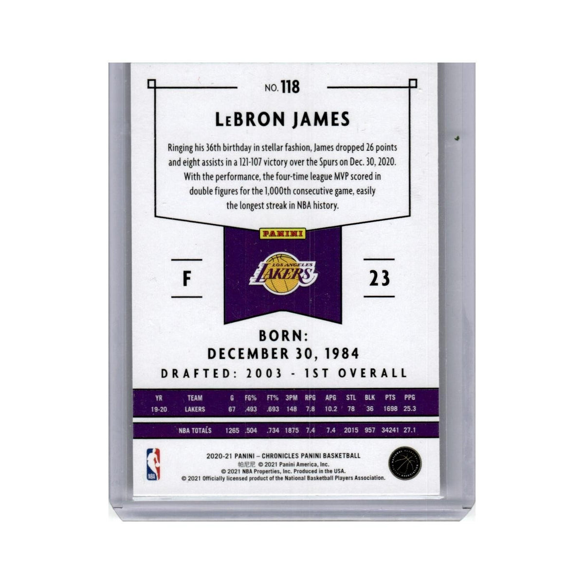 LeBron James 2020 Panini Chronicles #118 Los Angeles Lakers Basketball Card NM