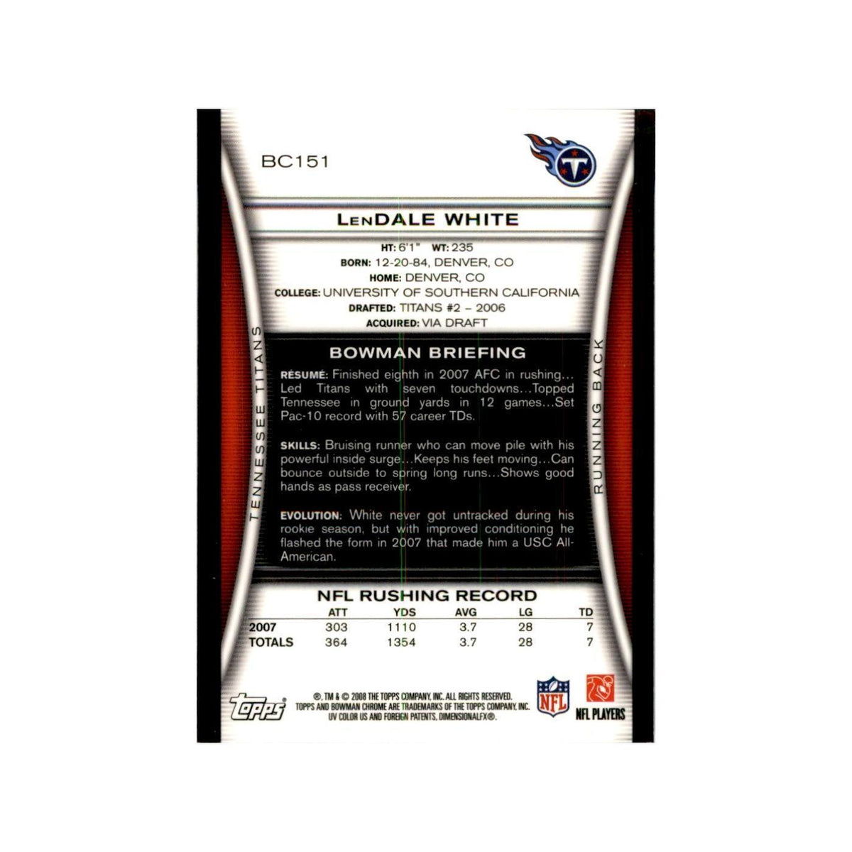 2008 Bowman Chrome LenDale White Football Cards #151