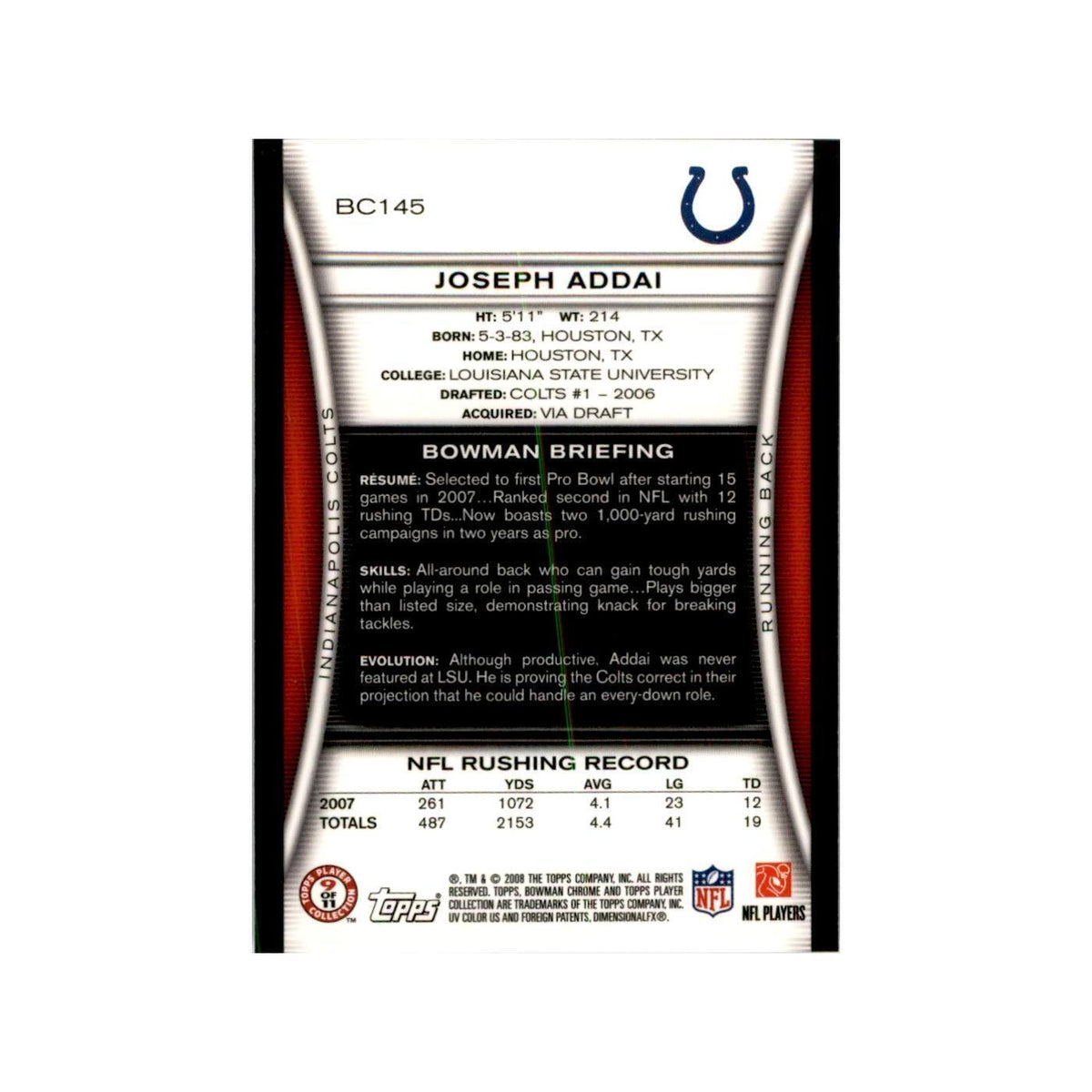 2008 Bowman Chrome Joseph Addai Football Cards #145