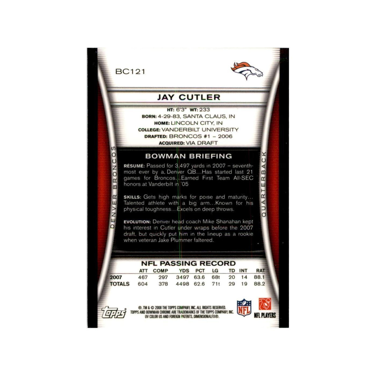 2008 Bowman Chrome Jay Cutler Football Cards #121