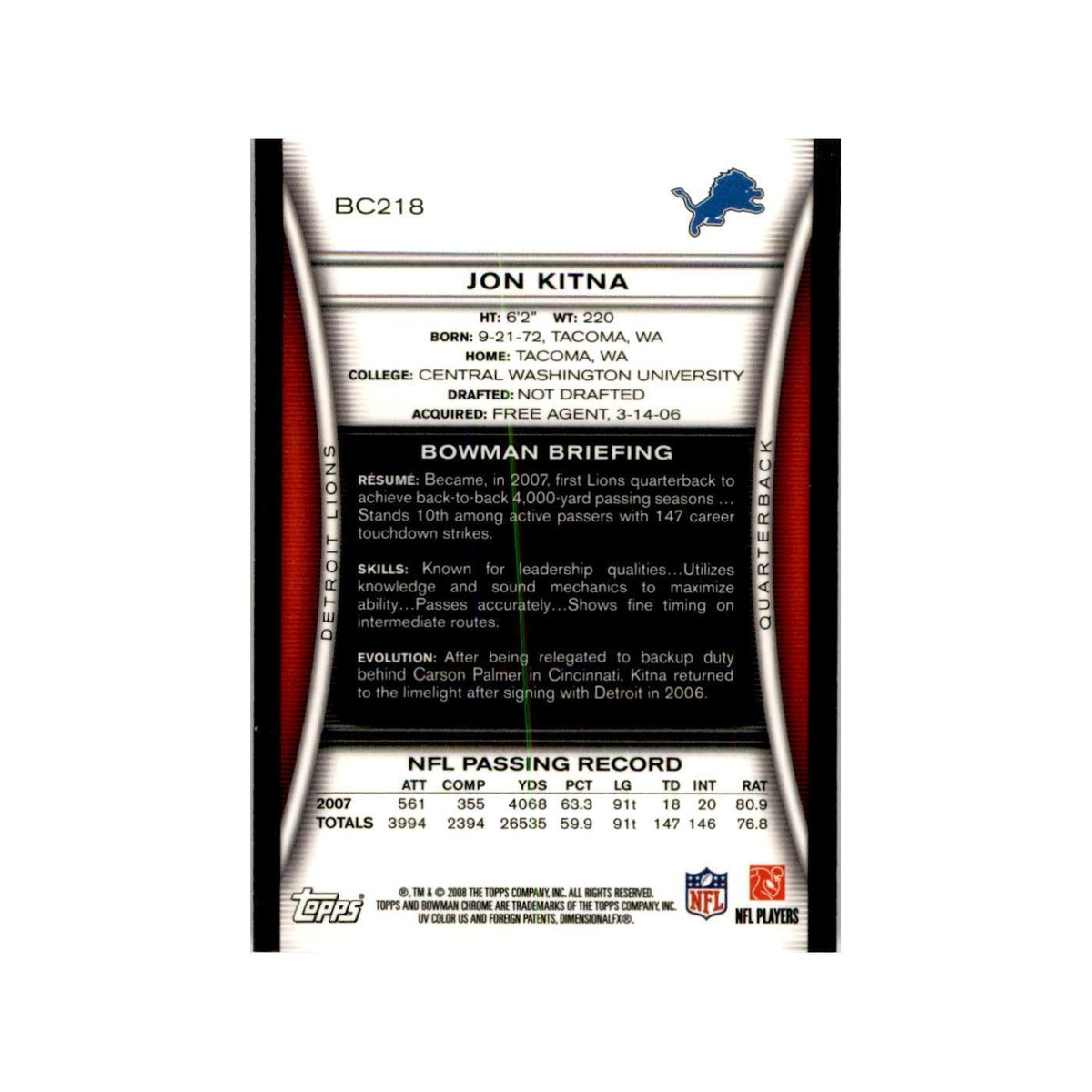 2008 Bowman Chrome Jon Kitna Football Cards #218