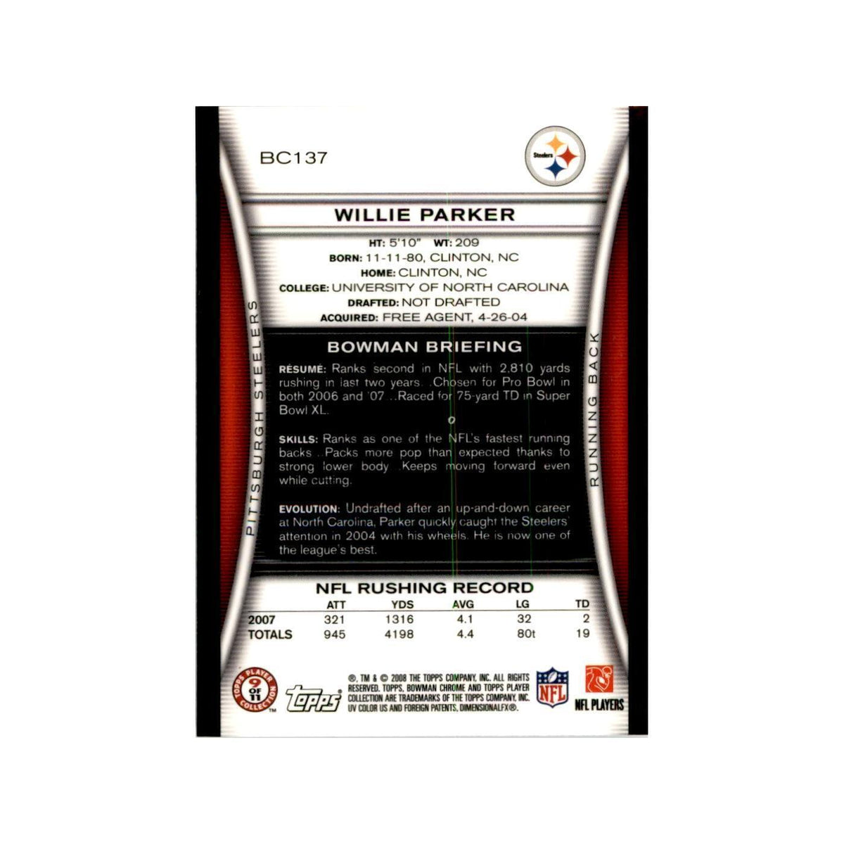 2008 Bowman Chrome Willie Parker Football Cards #137