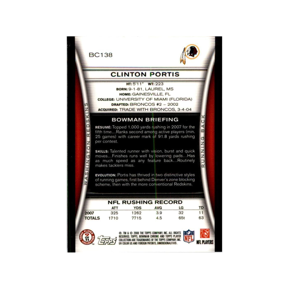 2008 Bowman Chrome Clinton Portis Football Cards #138