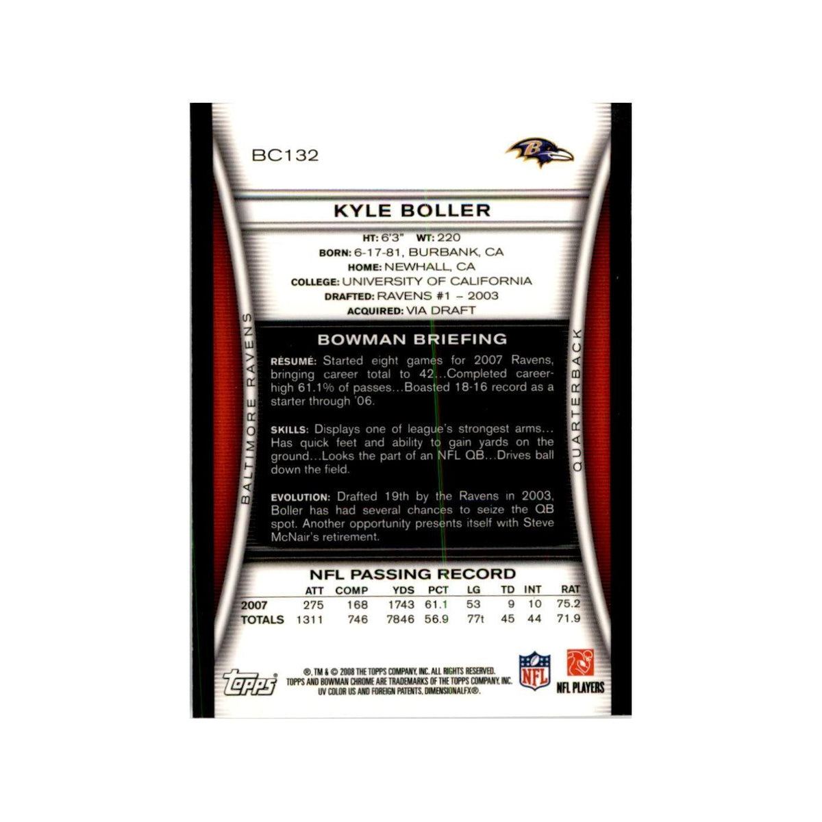 2008 Bowman Chrome Kyle Boller Football Cards #132