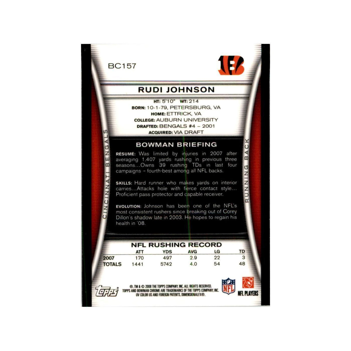 2008 Bowman Chrome Rudi Johnson Football Cards #157