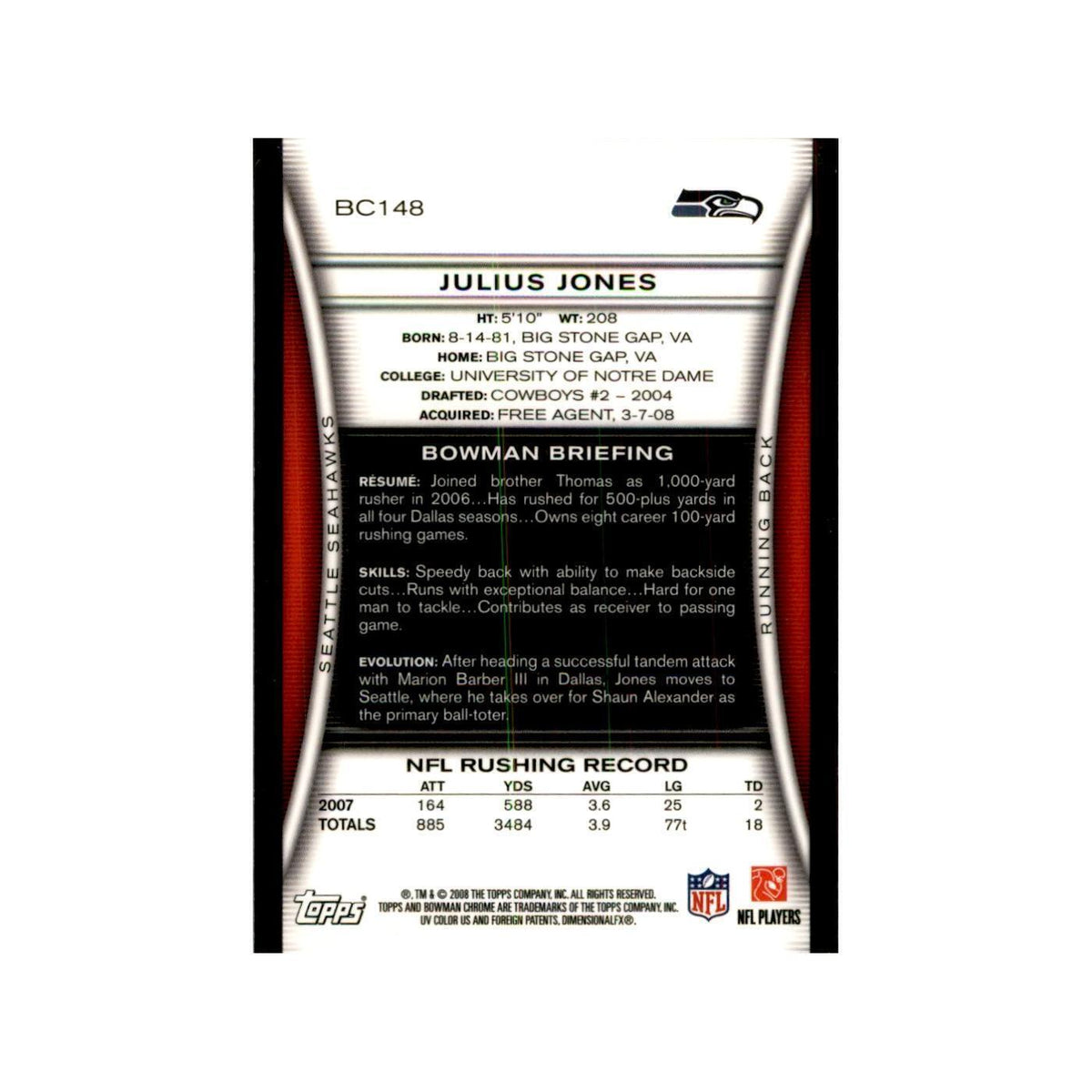 2008 Bowman Chrome Julius Jones Football Cards #148