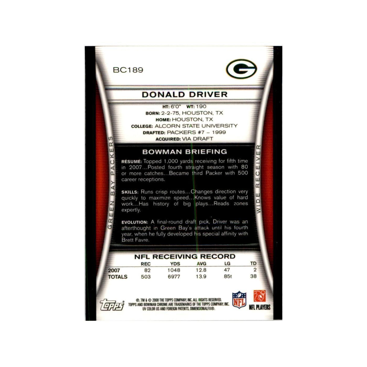 2008 Bowman Chrome Donald Driver Football Cards #189