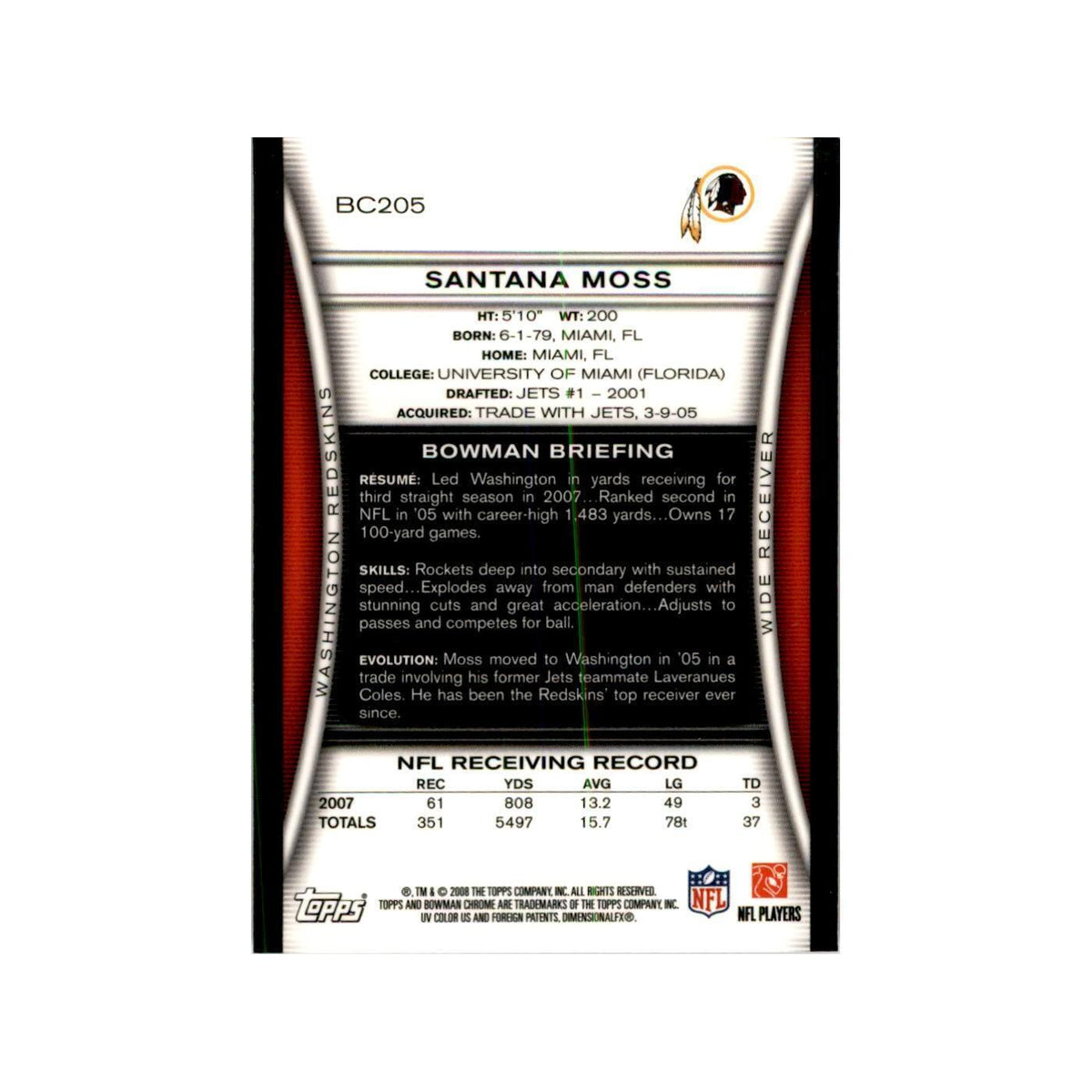 2008 Bowman Chrome Santana Moss Football Cards #205