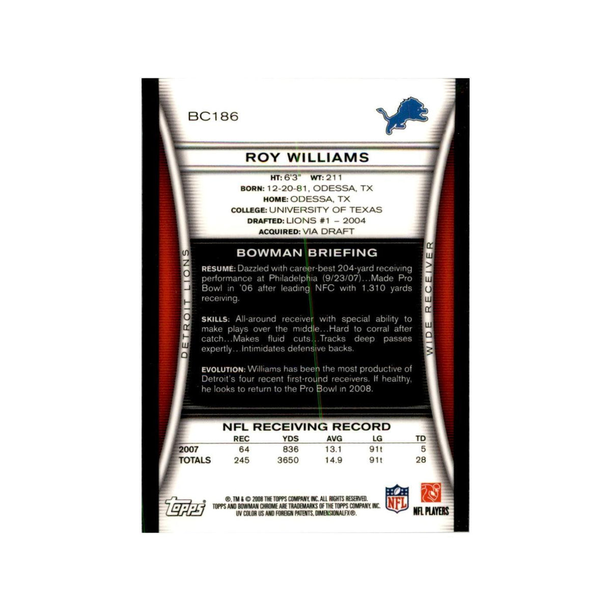 2008 Bowman Chrome Roy Williams Football Cards #186