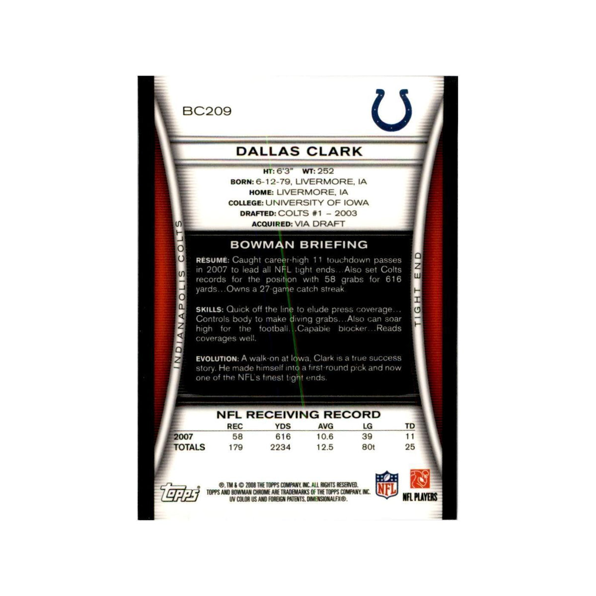 2008 Bowman Chrome Dallas Clark Football Cards #209
