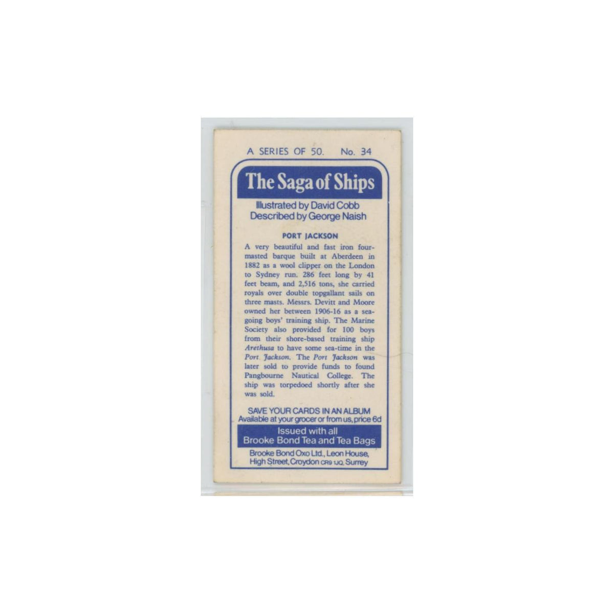 1970 Brooke Bond Saga of Ships Port Jackson #34