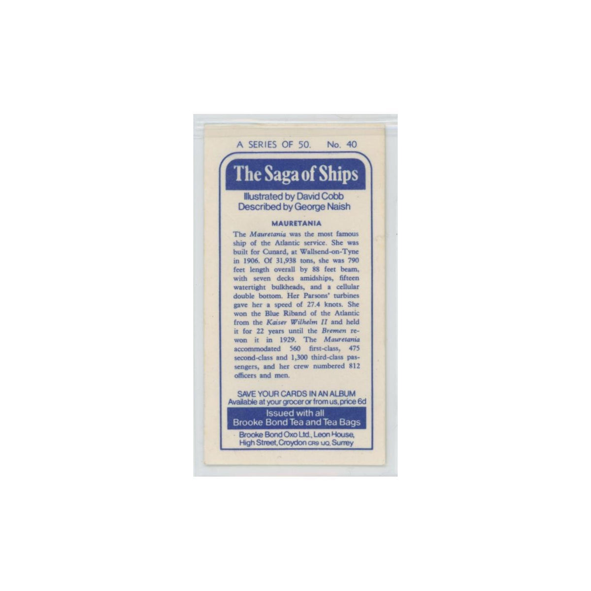 1970 Brooke Bond Saga of Ships Mauretania #40