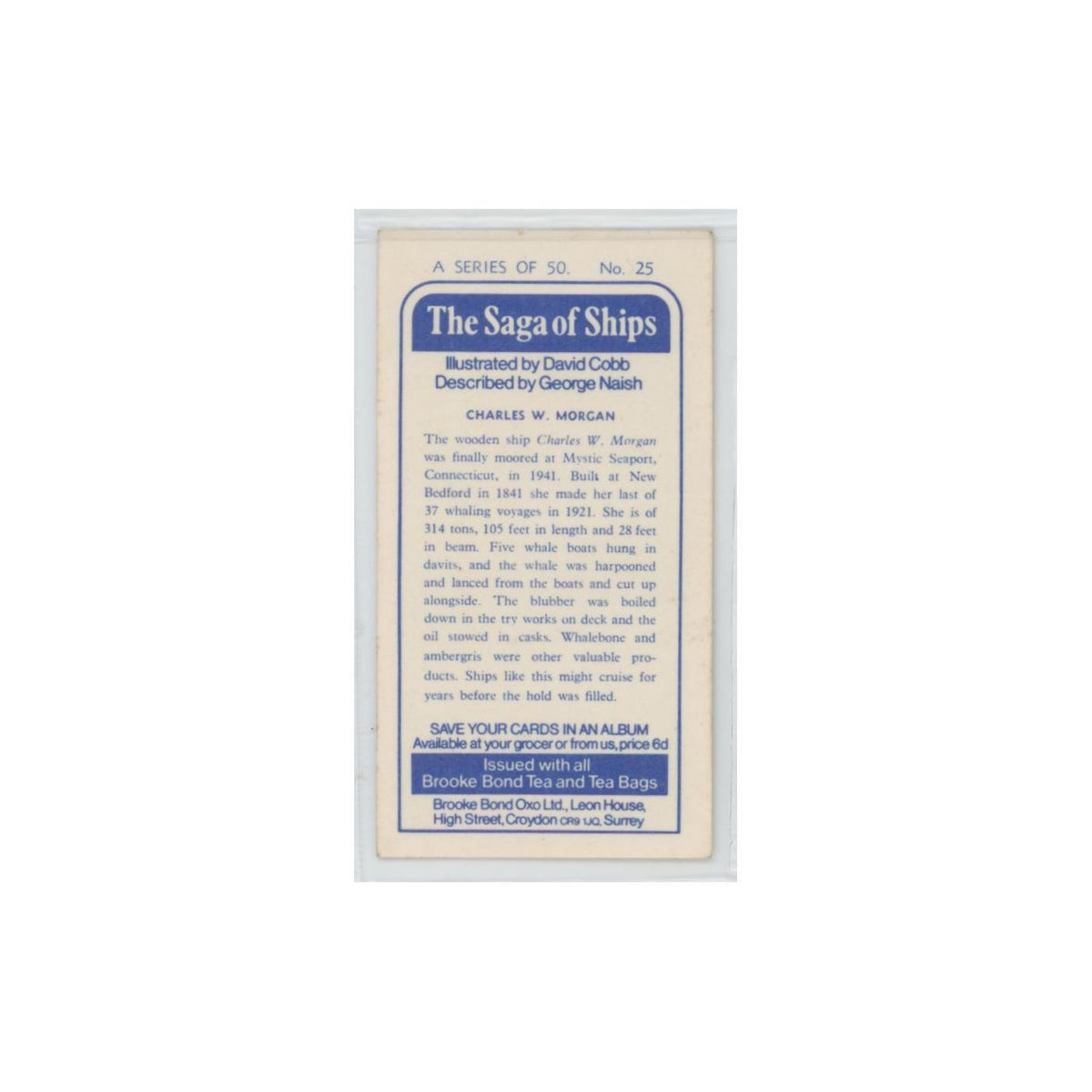 1970 Brooke Bond Saga of Ships Charles W Morgan #25