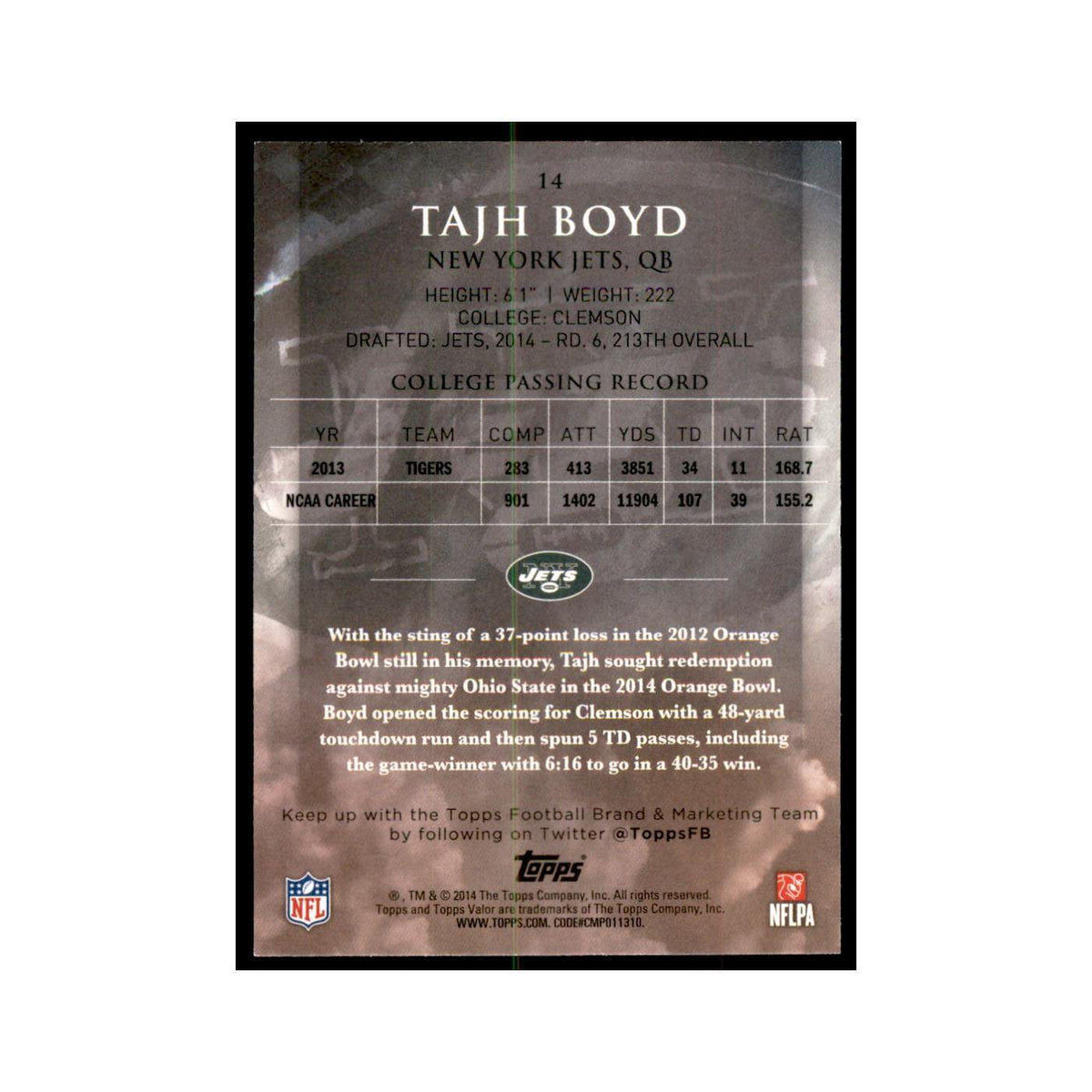 2014 Topps Valor Tajh Boyd RC Football Cards #14
