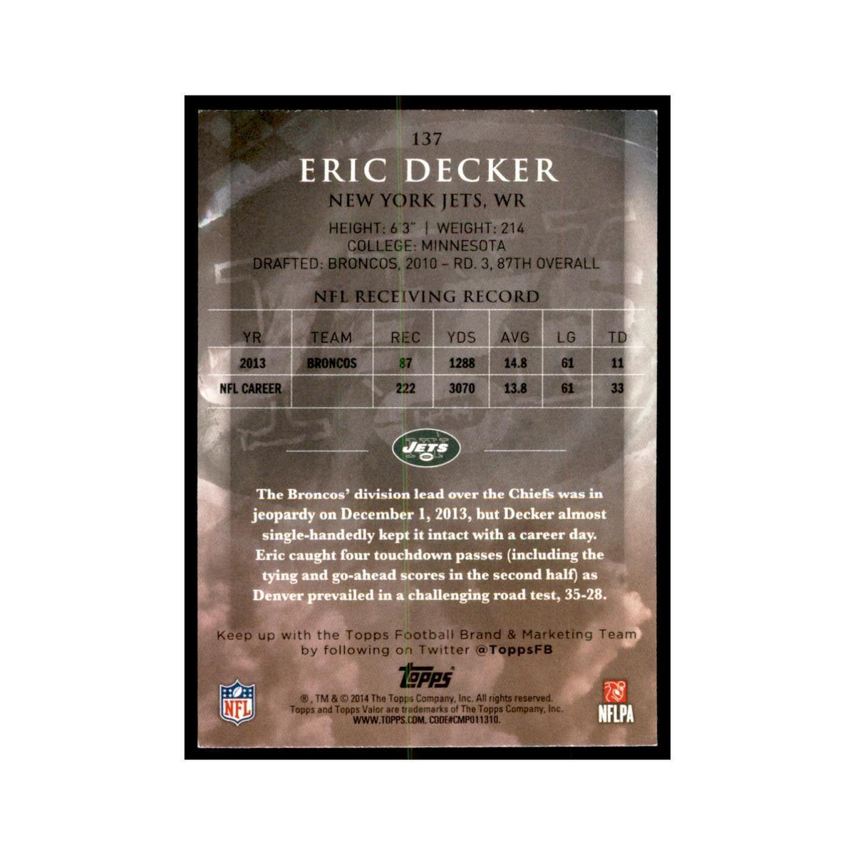 2014 Topps Valor Eric Decker Football Cards #137