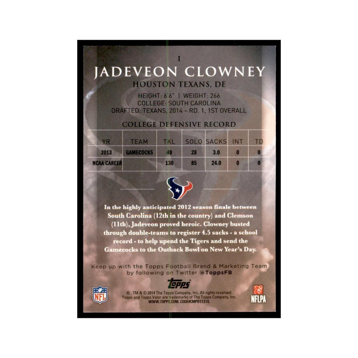 2014 Topps Valor Jadeveon Clowney RC Football Cards #1