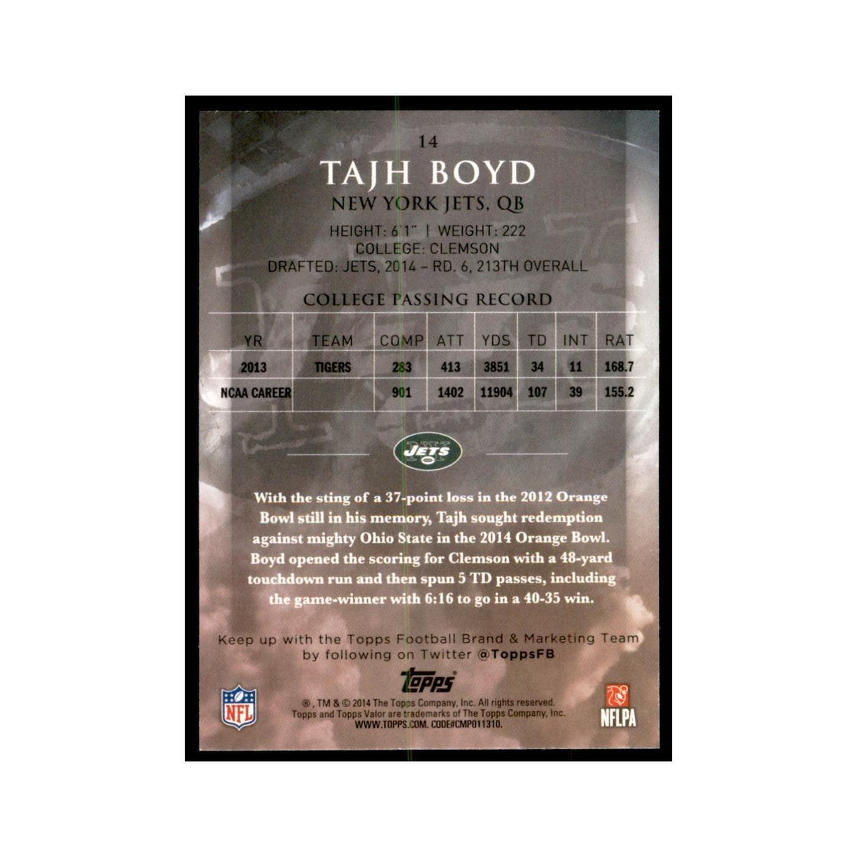 2014 Topps Valor Tajh Boyd RC Football Cards #14