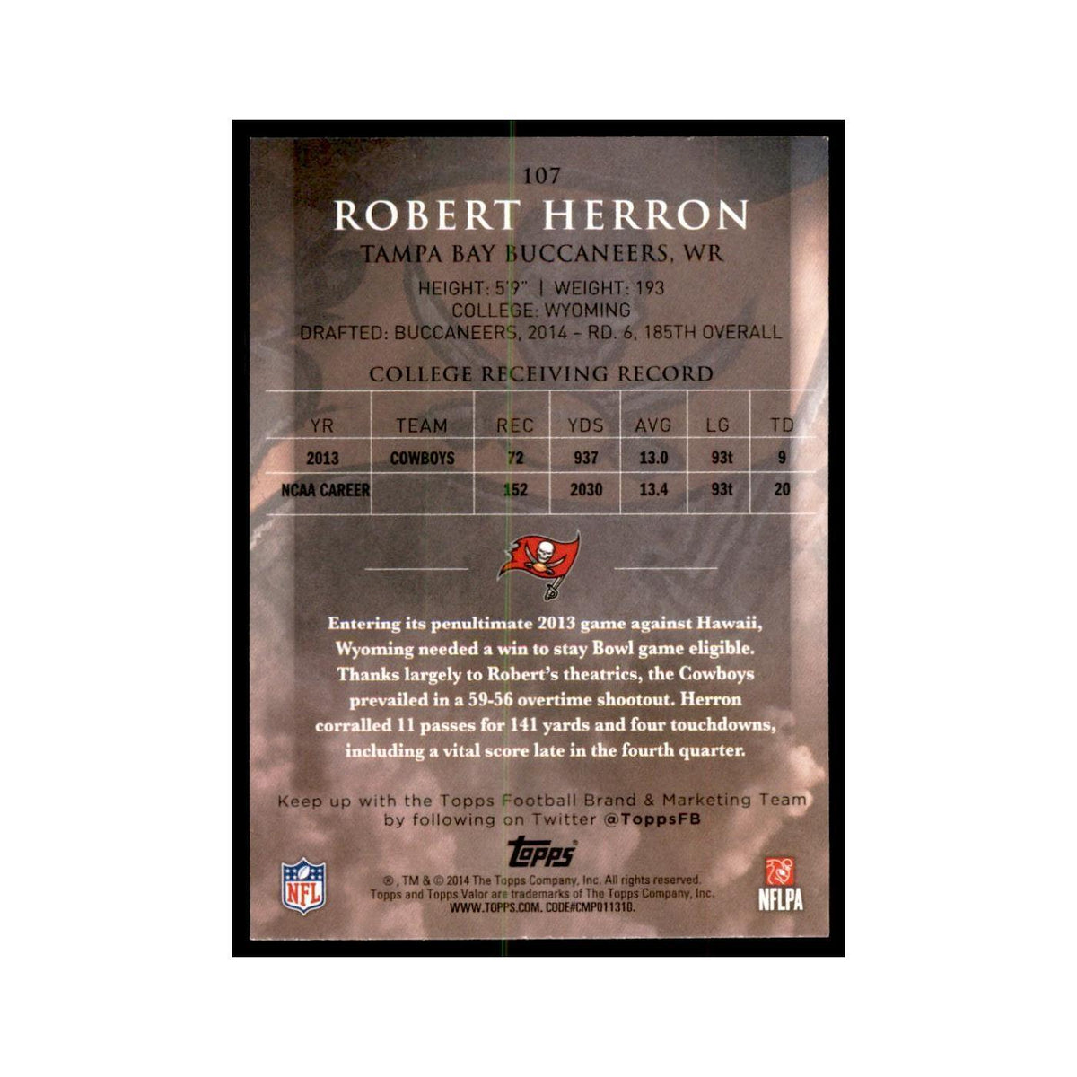 2014 Topps Valor Robert Herron RC Football Cards #107