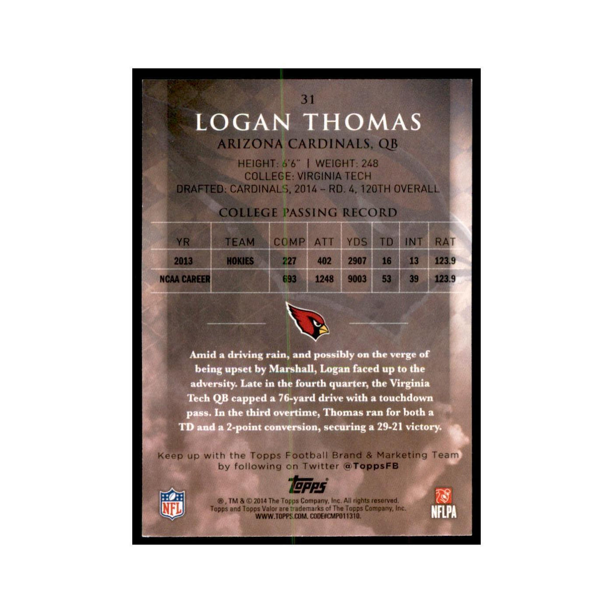 2014 Topps Valor Logan Thomas RC Football Cards #31