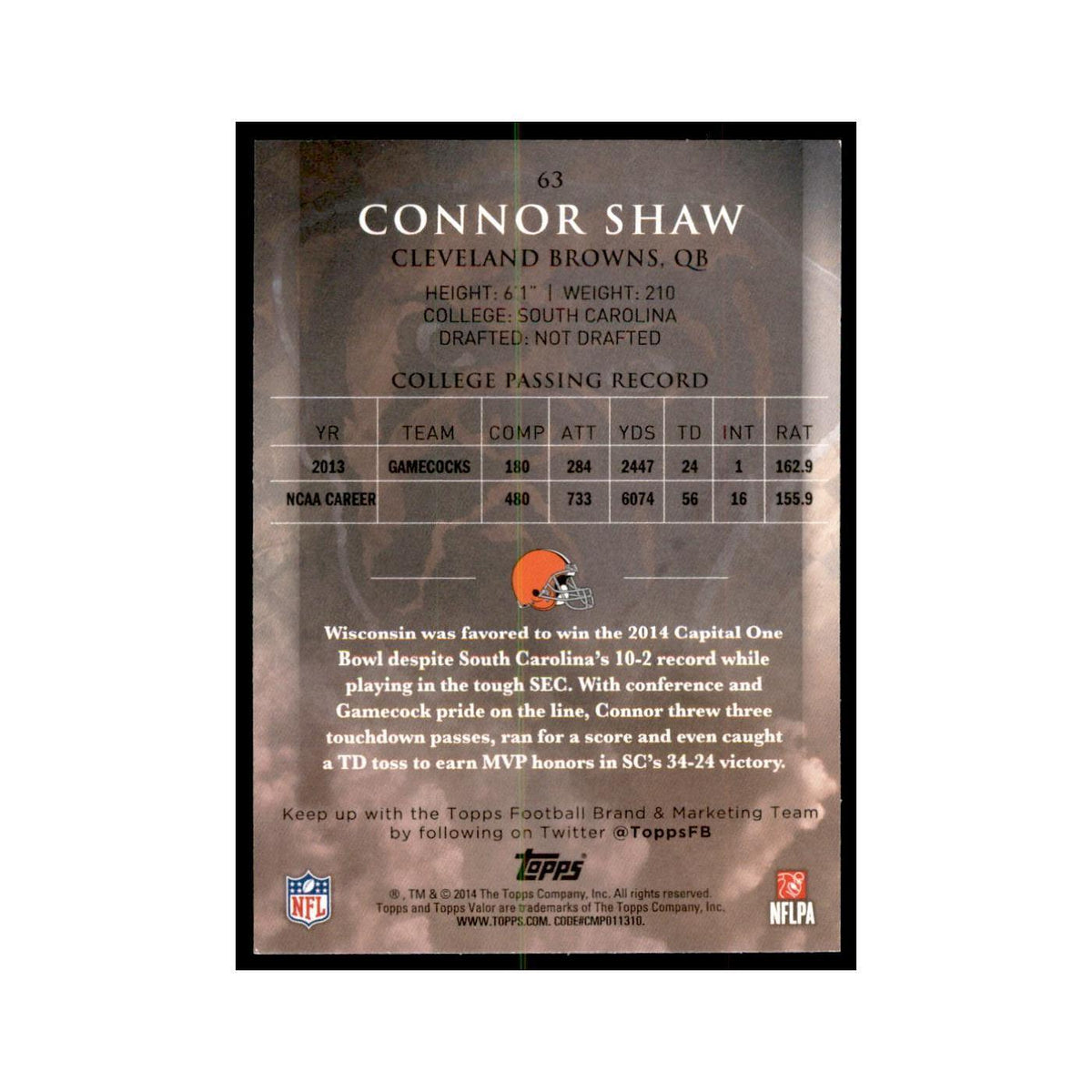 2014 Topps Valor Connor Shaw RC Football Cards #63