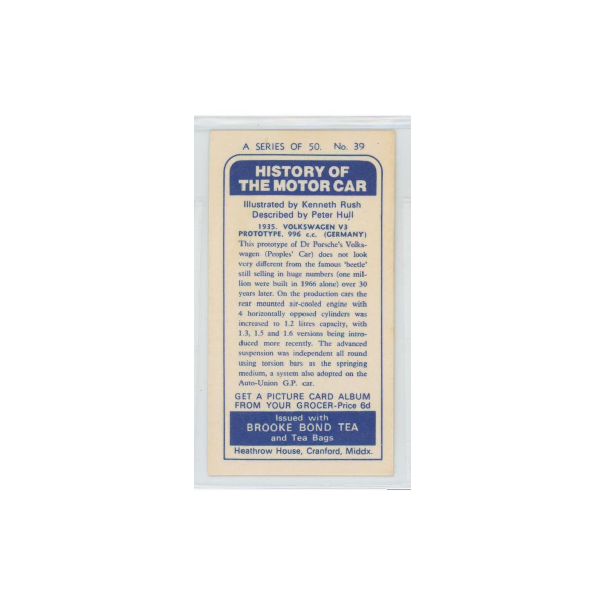 1968 Brooke Bond History of the Motor Car 1935 Volkswagen V3 Prototype #39