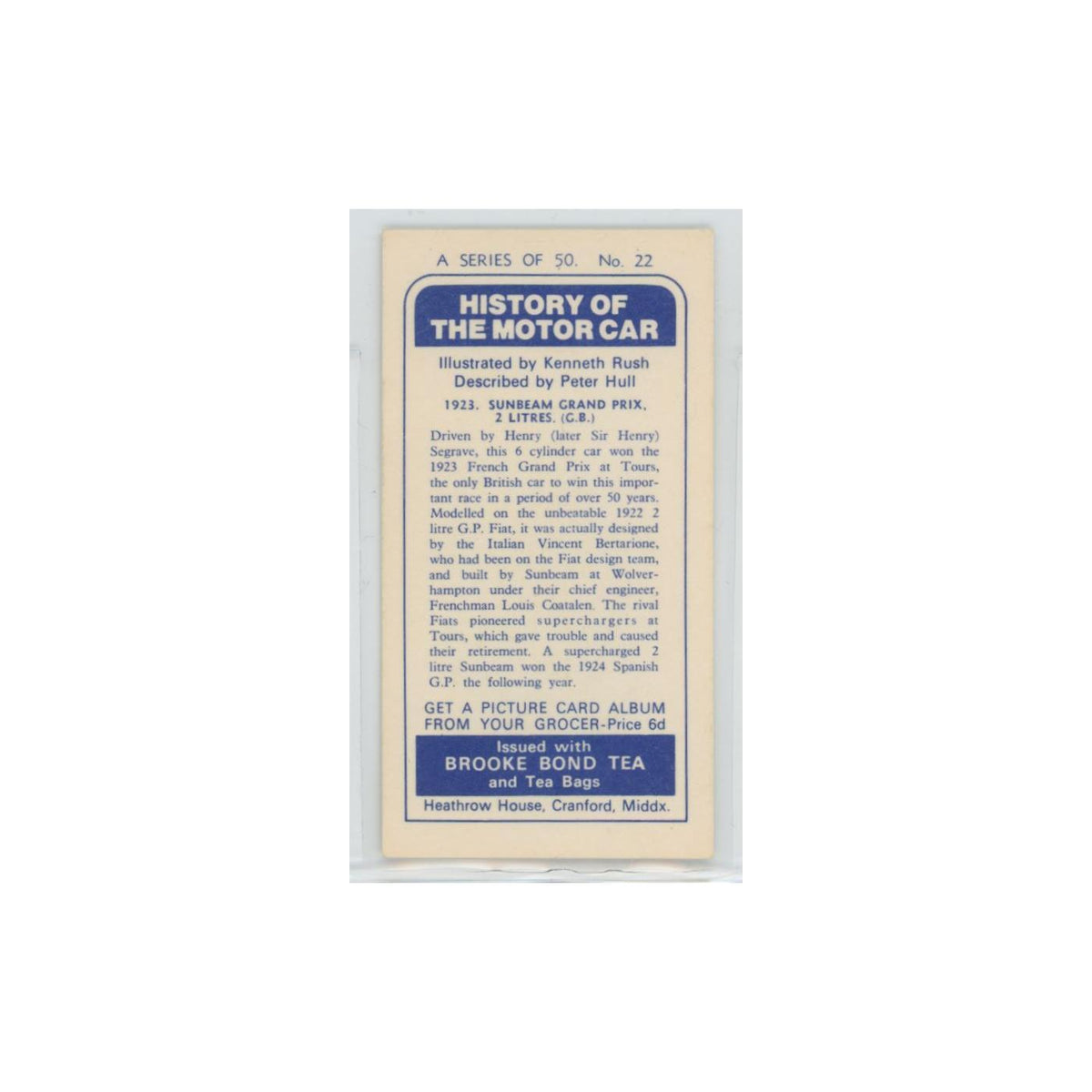 1968 Brooke Bond History of the Motor Car 1923 Sunbeam Grand Prix #22