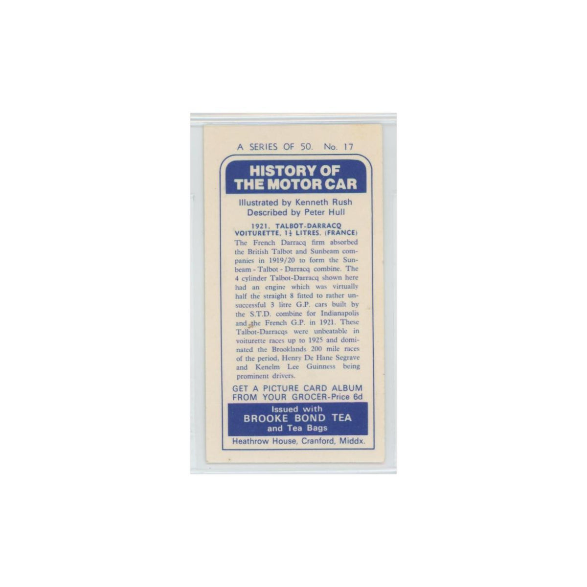 1968 Brooke Bond History of the Motor Car 1921 Talbot Darracq Voiturette #17