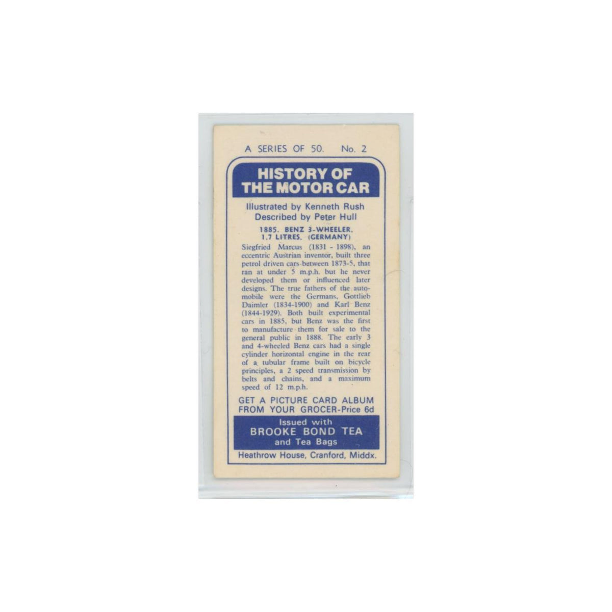 1968 Brooke Bond History of the Motor Car 1885 Benz 3 Wheeler #2