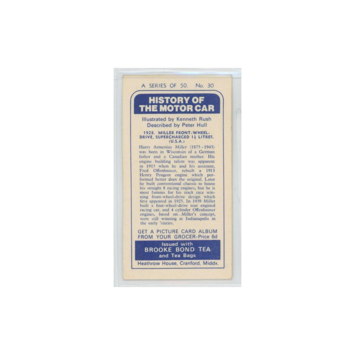 1968 Brooke Bond History of the Motor Car 1928 Miller Front Wheel Drive #30